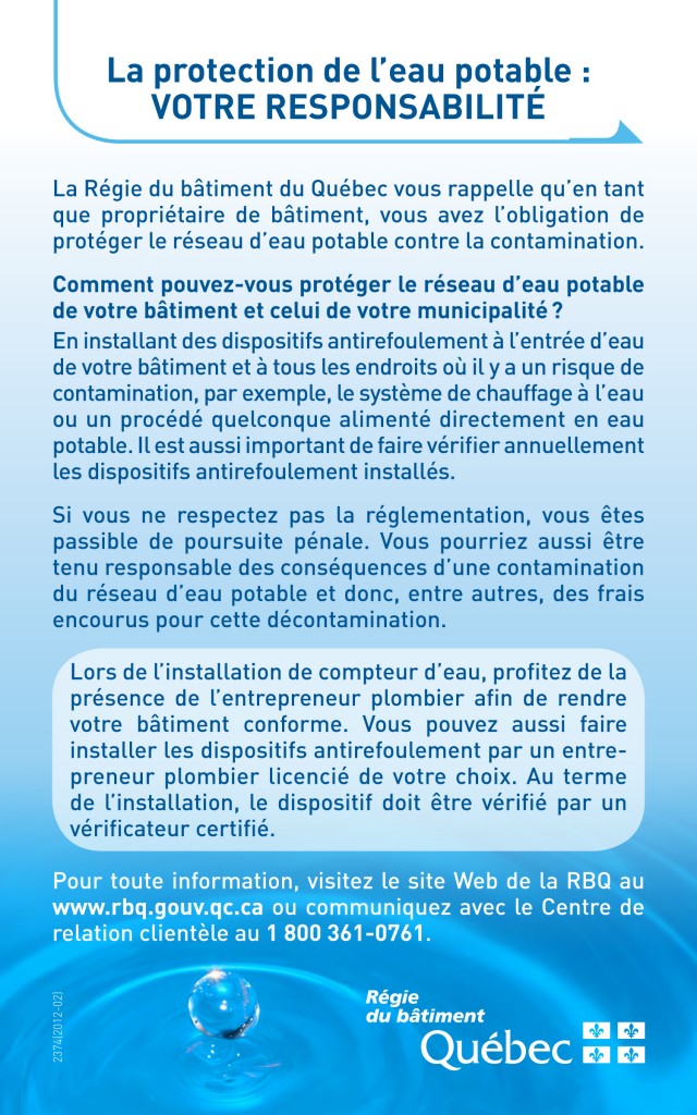 La protection de leau potable : VOTRE RESPONSABILITÉ