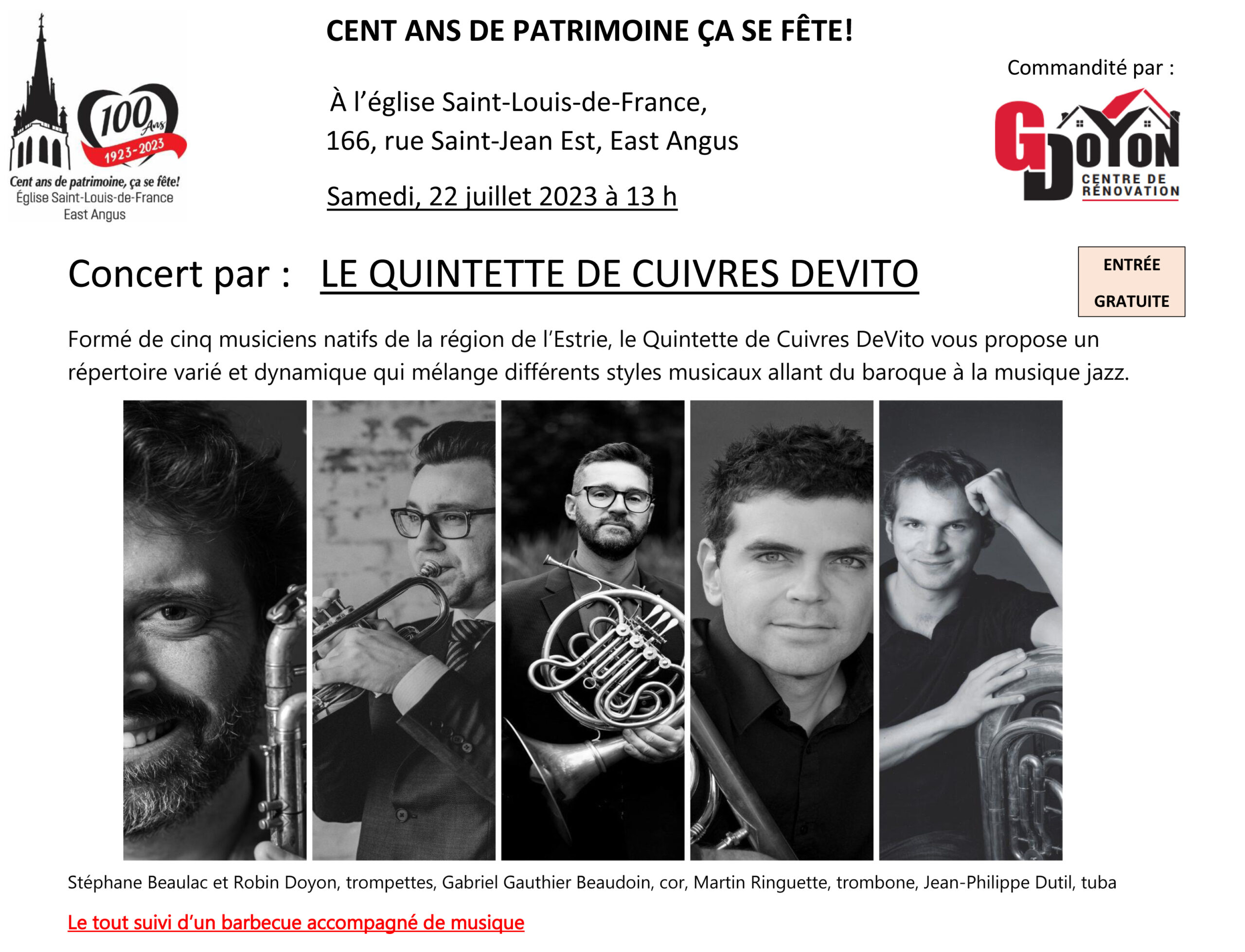 Le Quintette De Cuivres Devito M Robin Doyon Centenaire De L