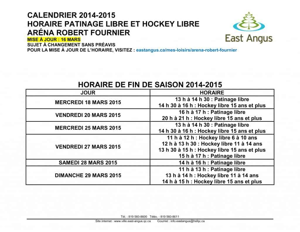 Horaire Patinage libre et hockey libre 2014-2015 - fin de saison